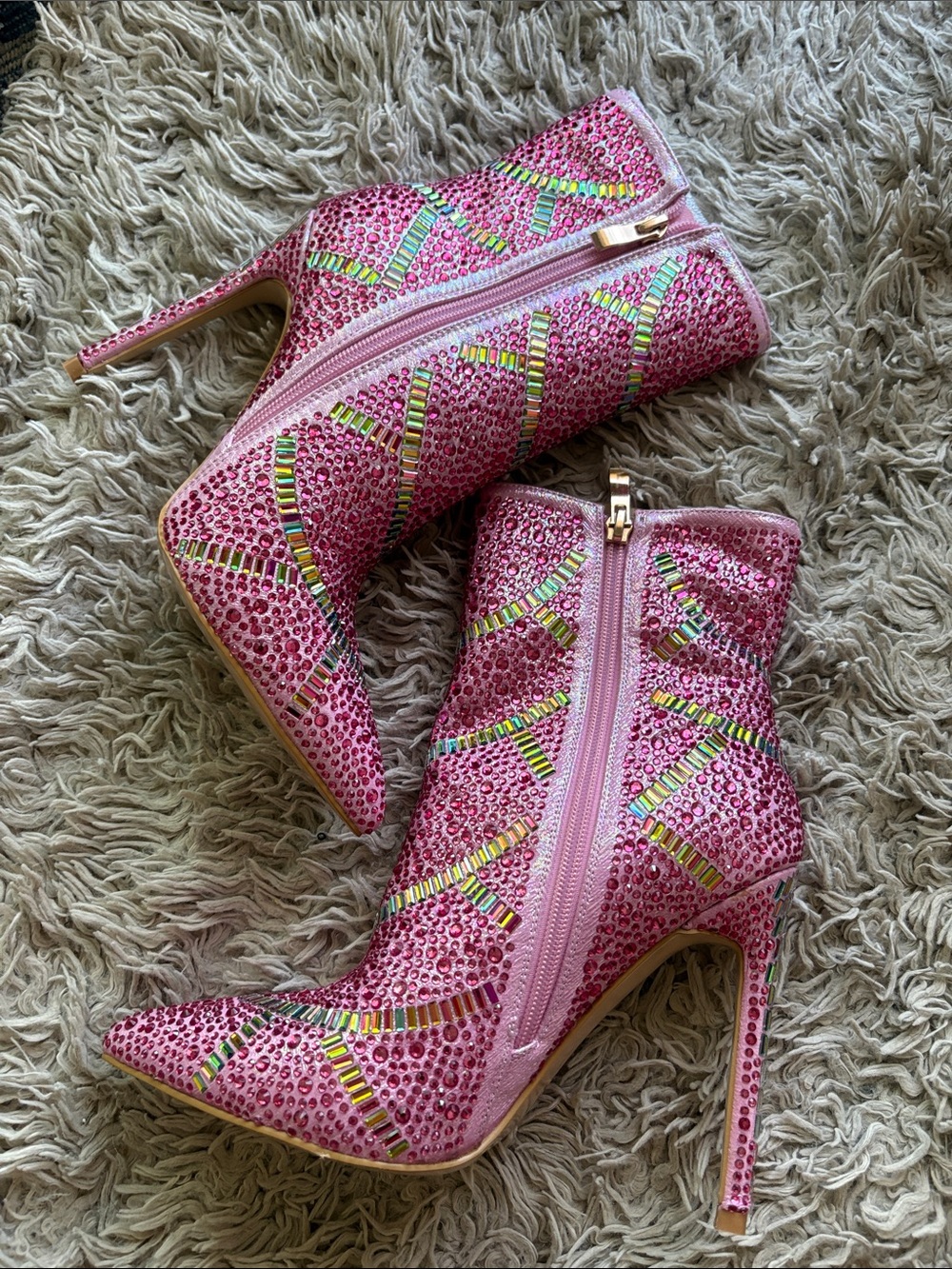 Pink Crystal Embellished Stiletto Ankle Boots with Side Zip